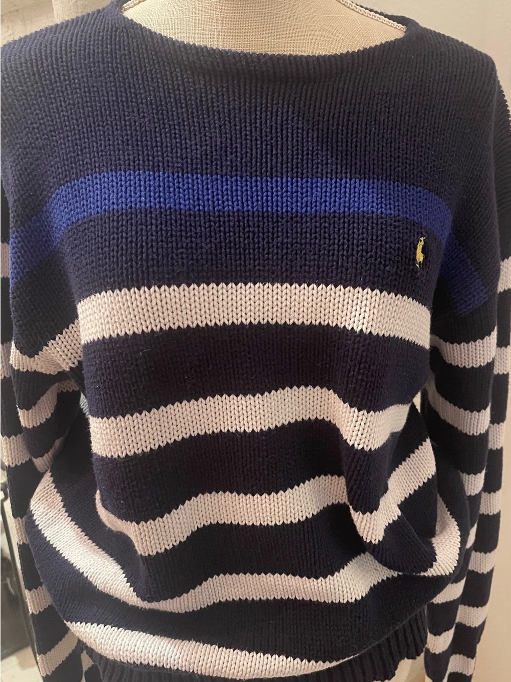 Vintage Ralph Lauren Navy, White & Blue Striped Crewneck Sweater